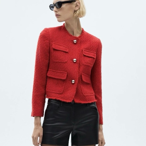 Mng Mango Pocket Tweed Jacket Red Women’s Size S Metal Button Frayed Finish - Picture 1 of 11
